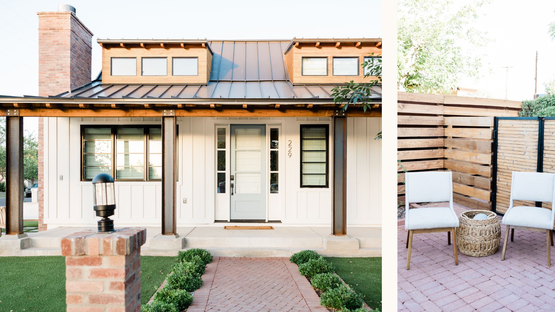 A farmhouse front porch with a lantern beside the door